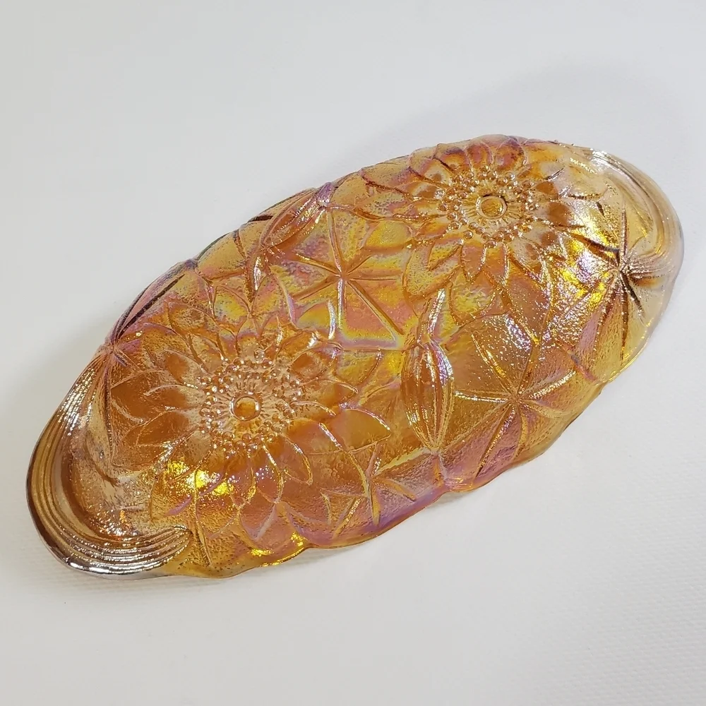 Indiana Glass Carnival Iridescent Amber Pickle Relish Dish Vintage